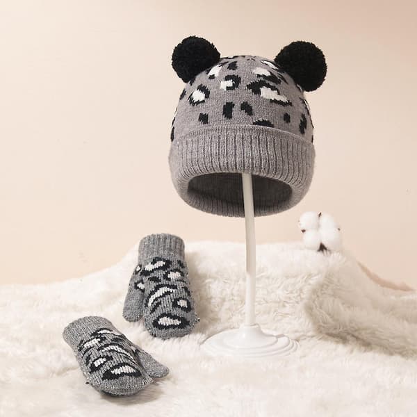 Leopard Tiger Mönstrad Barnhatt & Vantar Set Jacquard Ull Barnhatt & Vantar Set Höst Vinter Dubbla Bollar Baby Stickad Hatt