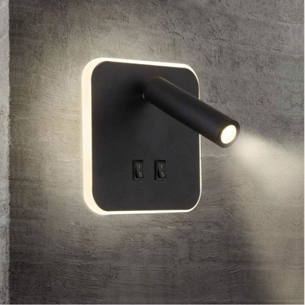 Fyrkantig sänglampa i ett stycke LED-vägglampa för inomhushotell Vägglampa vid sängkorridor med strömbrytare Svart 3W (svart)-147*30 mm