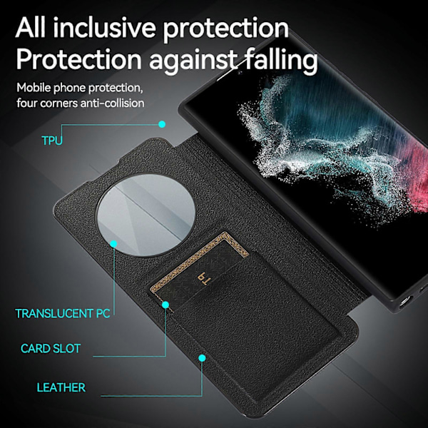 Fodral för Samsung Galaxy S24, Smart Sleep/Wake Up Funktion Visningsfönster Premium Läder Flipfodral med Kortfack, Ställ Trådlös Laddning