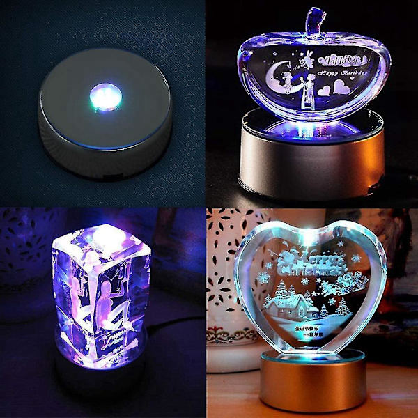 Visningsbase for krystaller, glasskunst, LED-farget roterende krystalldisplaybase med