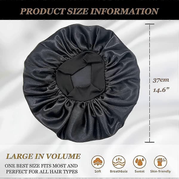 2 STK Stor Satin Bonnet, Silke Bonnet Hårindpakning til Sovning, Sovehætte med Elastisk Blødt Bånd (sort)