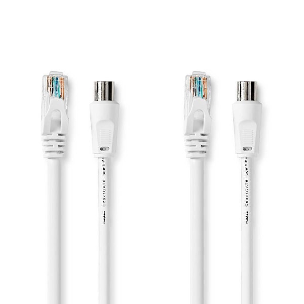 Koaksiaali- ja Cat6-yhdistelmäkaapeli | IEC (koaksiaali) uros / RJ45 uros | IEC (koaksiaali) naaras / RJ45 uros | Nikkelipinnoitettu