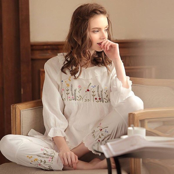 Ny höstpyjamas kostym i ren bomull broderade långärmade byxor hemkläder för kvinnor
