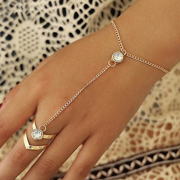 Guld Stor Krystal Ring Armbånd Til Kvinder Håndleds Kæde Smykker Hånd Ryg Kæde