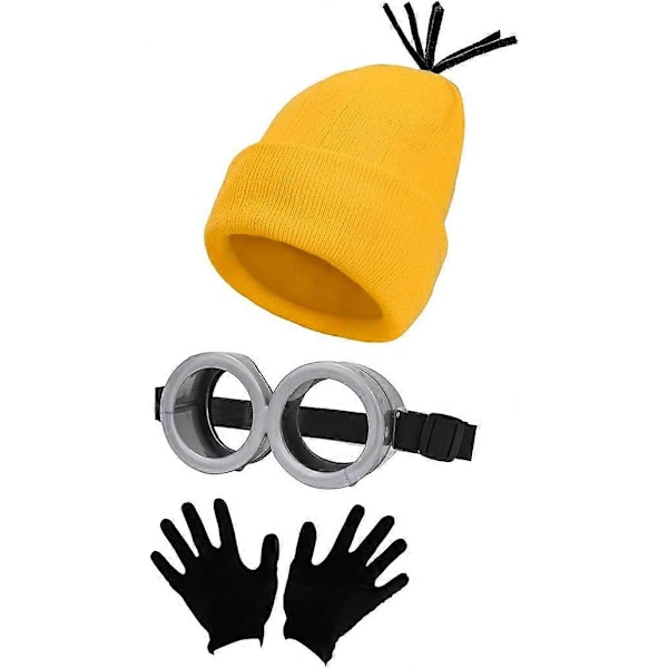 3 stk. Minions Cosplay Kostume Mand Steampunk Briller Dekorative Briller Beanie Hat Sorte Handsker Sæt Kvinder Halloween Party Cos