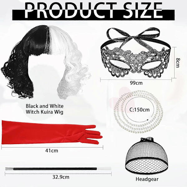 Cruella-asu Naiset 70-luvun Asusteet, Lyhyt Musta ja Valkoinen Peruukki Pidikkeellä, Hanskat, Kaulakoru, Pitsi Mask, Peruukki Hattu, Halloween-asu Naiset, Fan