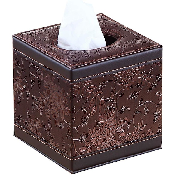 Læder Tissue Box Holder Brun Kvadratisk Facial Tissue Box Cover Pumping Papir Etui Dispenser, Mo