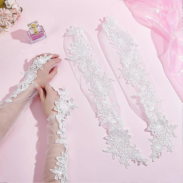 1 Par Hvide Blonde Fingerløse Handsker Blomstermønster Polyester Lange Handsker Bryllup Brud Manchet Mesh Handsker Albuelange Handsker til Bryllupsfest Kvinder