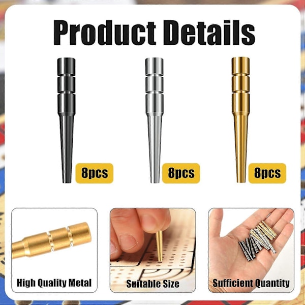 24 kpl Metalliset Cribbage-naulat, Kartiomainen Muotoilu Cribbage-laudan Nauloille Sopii 1/8 Tuuman Reikään 3 Väriä Cribbage-naulat Perinteiset Lautapelivarusteet