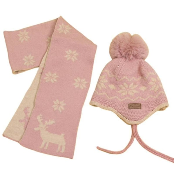 Kawaii Stickad Barnmössa + Julhjort Halsduk Ullhatt Vinter