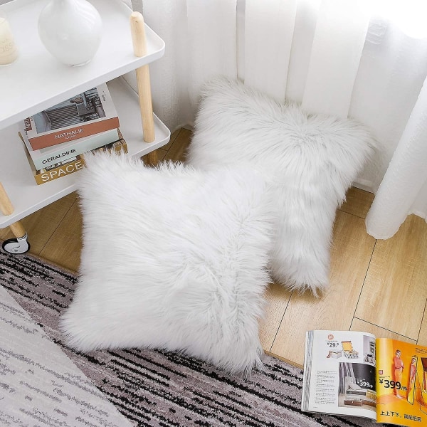 Set med 2 dekorativa kuddfodral Nya lyxserien Merino Style Faux Fur Fluffy Throw Pillow Covers Square Fuzzy Cushion Case waner White 20inx20in