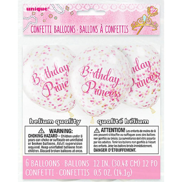 6 pakkaus kirkkaita ilmapalloja, joissa on konfetti ja syntymäpäiväprinsessa.