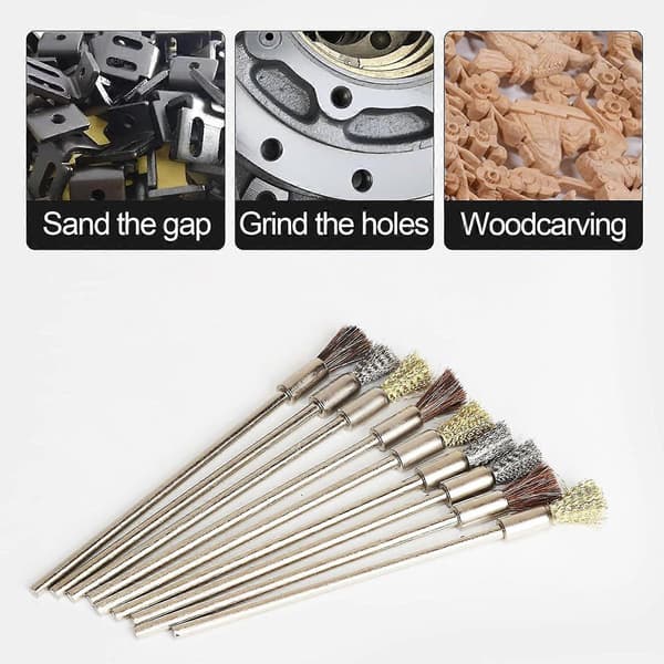 9 stk. ripebørstepennsett, rustfritt stål/messing/bust pennestil prep slipebørste, Re