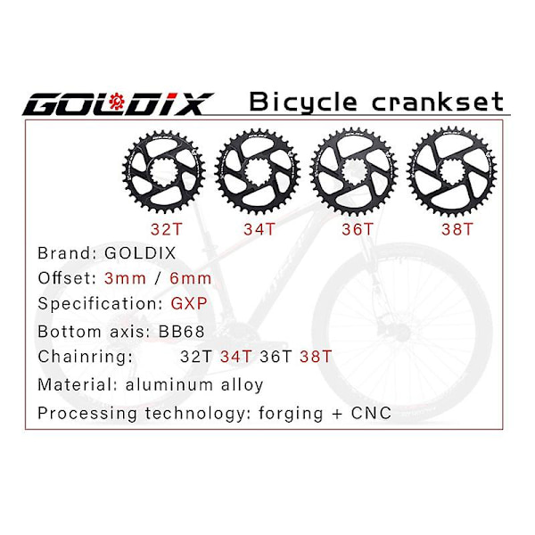 Cykel Mountainbike Kædehjul Offset 3mm Grad 38T Smal Bredde Cykel Kædehjul til SRAM GXP Road Mountainbike