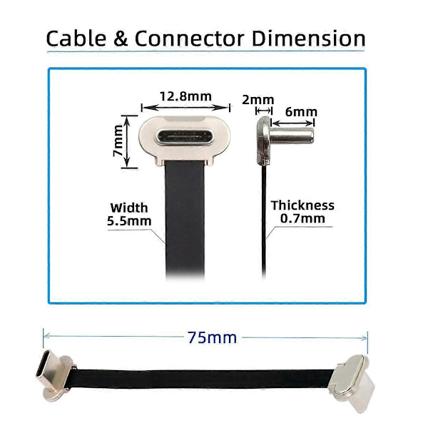 UC-170-0.07M 75mm Vinklet USB-C til USB-C Ultra Slim Fladt USB2.0 Datakabel 65W Hurtig Opladningsledning