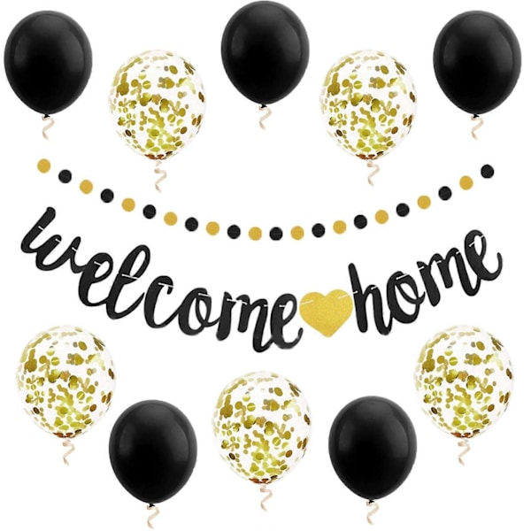 Velkommen hjem dekoration, velkommen hjem banner ballonsæt, sort og guld velkommen hjem glitter banner, vimpel guirlande