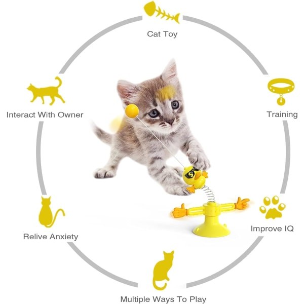 Katt leksak med kraftfull sugkopp, skivspelare katt leksak med två händer och fjäder