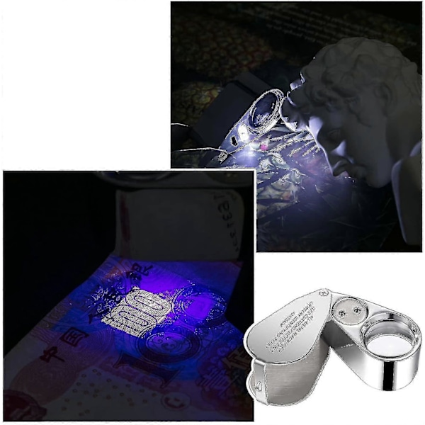 2-pak 40x Illumineret Juveler LED UV Linse Lup Forstørrelsesglas til Juvelerer