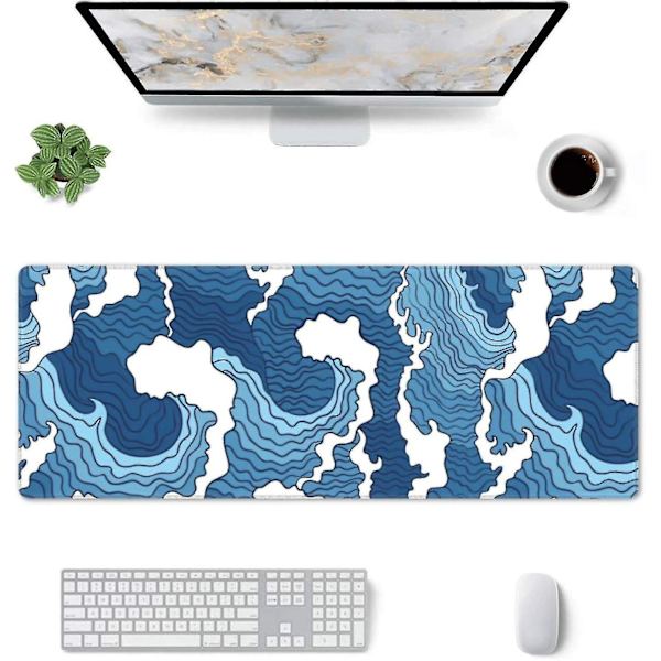Japansk Blå Og Hvit Havbølge Musematte Xl Utvidet Skrivebord Matte, Sklisikker Gummisokkel Sydd Kant Spill Pc Stasjonær Stor Musematte, 31,5 X 11,8 Tommer