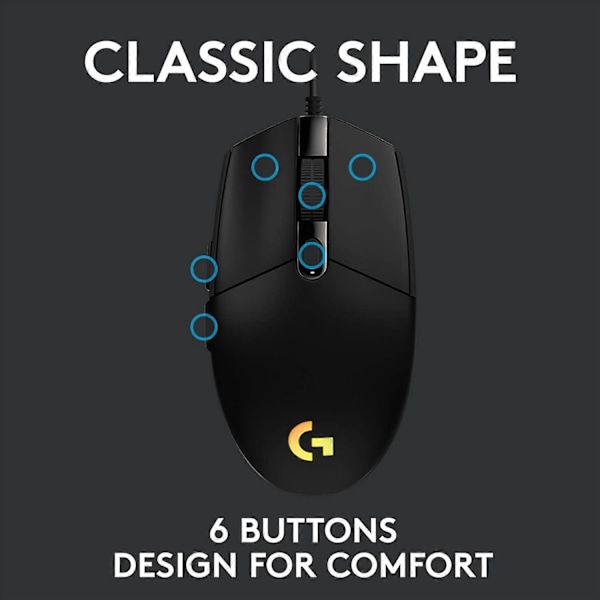 G102 LIGHTSYNC Gamingmus med RGB-belysning, 6 programmerbara knappar, spelsensor, 8K DPI-spårning 12