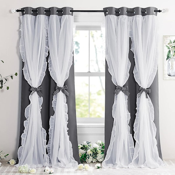 Blackout-gardiner til stue, dekorative vinduesbehandlinger, dobbelte gardiner, plisserede, gennemsigtige gardiner, landlig stil, design, w 132,88 x l 213,3