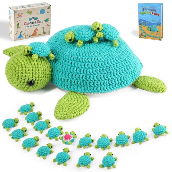 Hæklesæt til begyndere, 21 stk. Skildpaddefamilie med video-tutorials, DIY-gave