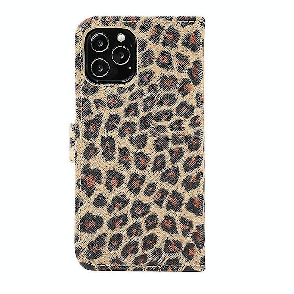 Fodral för iPhone 12 Pro med leopardmönster, horisontellt flippfodral i läder med kortfack och hållare (brun)