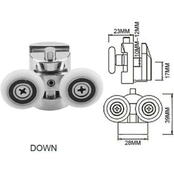 Sett med 4 doble ruller - for skyvedør til dusj, 2 x 23 mm diameter sinklegeringshjul til bad -