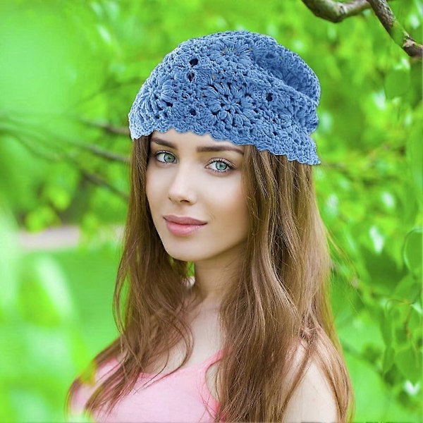 Heklet bomullshette for kvinner, håndlaget strikket blomstrete slouchy beanie-lue med utskjæringer