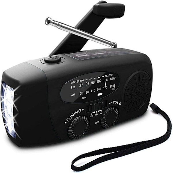 Crank radio with solar cells and flashlight - Powerbank -- Black - WELLNGS