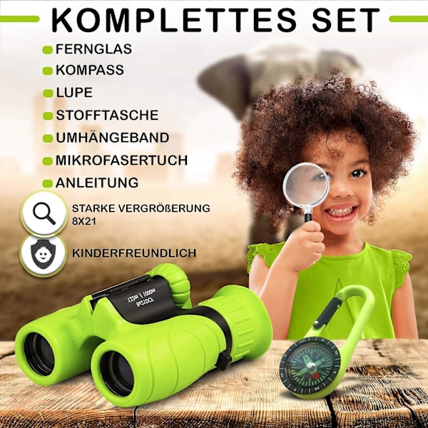 Barnkikare med hög förstoring (8 x 21) - Komplett set med förstoringsglas & kompass