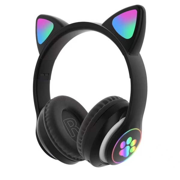 Hovedtelefoner, katteøre Bluetooth-hovedtelefoner, foldbare, lysende hovedtelefoner med plug-in black