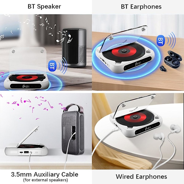 BT5.1 CD-spelare Portabel Musikspelare FM-radio Skrivbords CD-spelare med Dammskydd LED-Display 6 12