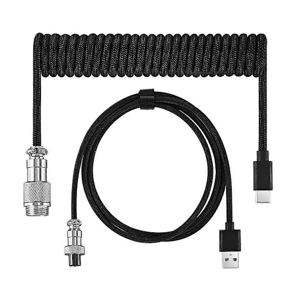 USB-näppäimistökaapeli, musta, kierretty, USB Type C -kaapeli, DIY-ilmailupistokeliitin pelaamiseen