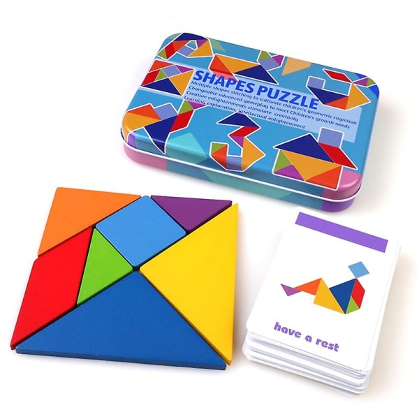 1 låda Tangram Pussel Flerfärgade Dekorativ Leksak för tidig utbildning Trämönster Blocks Pussel för skolan