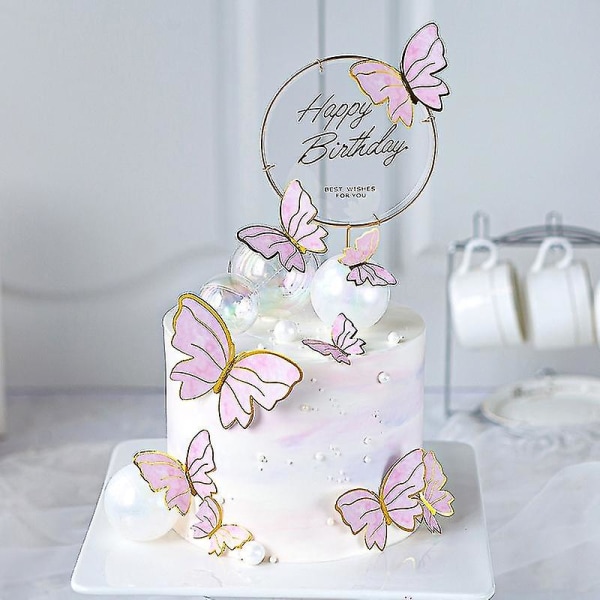 Happy Birthday Butterfly Theme Cake Topperikäsintehty maalattu hääsyntymäpäiväjuhla kakun koristelu juhlaleivontatarvikelahja (2 set , vaaleanpunainen + violetti