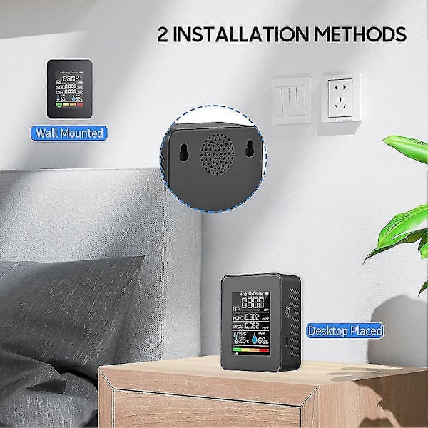 5 i 1 Luftkvalitetsmåler Tvoc Hcho Temperatur Fugtighed Co2 Meter, Usb Genopladelig Co2 Detektor Sort