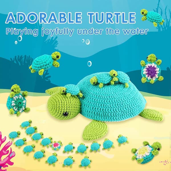 Hæklesæt til begyndere, 21 stk. Skildpaddefamilie med video-tutorials, DIY-gave