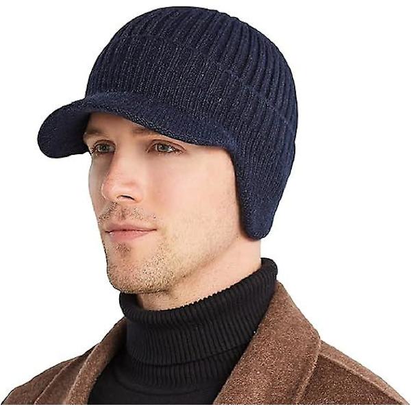 Mænds Vinterhat Med Skygge, Varme Øreklapper Hat Til Mænd, Tyk Fleeceforet Strikket Beanie Udendørs