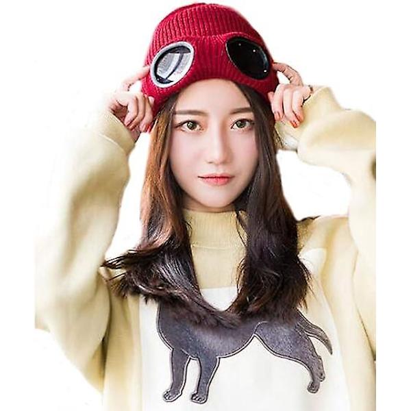 Unisex Fleece Skihue Beanie Vinterhat Med Goggles Strikket Varmt Uldhatte Sne Ski Hjelm Udendørs Capvinrød