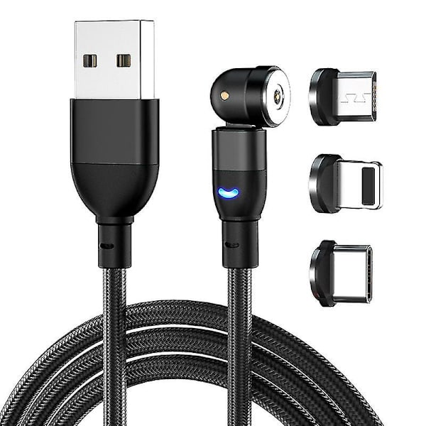 Magneettinen latauskaapeli (1m/2m/3m), 540 asteen pyörivä magneettinen puhelimen laturin kaapeli, 3 in 1 nylon punottu magneettinen USB-kaapeli Type C:lle, Micro USB:lle black 2m