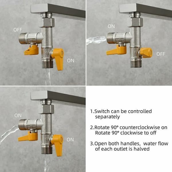 3-vejs ventil, 1/2\" T-stik, håndbruser og hoved- og sidebruserarm, messingbruserarm, 3-vejs omskifter, haneadapter, sluk