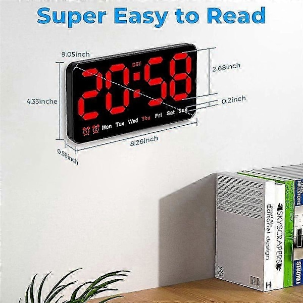 Digitaalinen seinäkello, 9 tuuman LED-digitaalinen kellonäyttö 12/24H, suuret numerot, pieni hiljainen seinäkello (punainen)