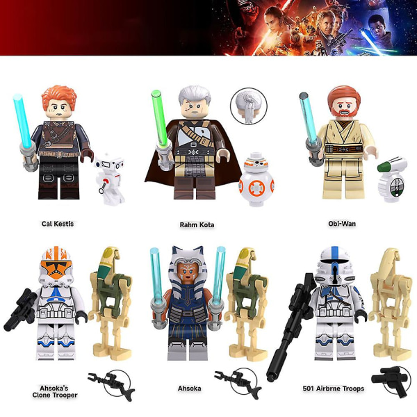 6 st Star Wars-serie monterade minifigurer byggklossar kit, mini actionfigurer leksaksuppsättning med tillbehör barn gåva