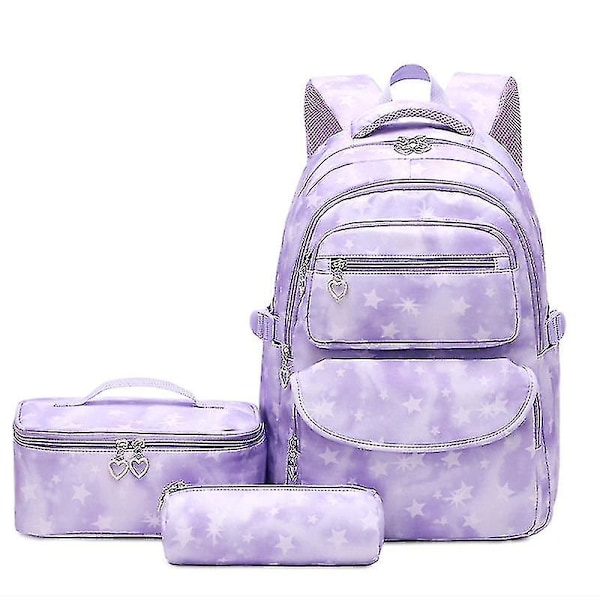 Musta Perjantai -reppusetti lounaskasseilla, koululaukku teineille ja tytöille, 3 osainen gradientti koululaukku alakoululaisille (violetti tähti)