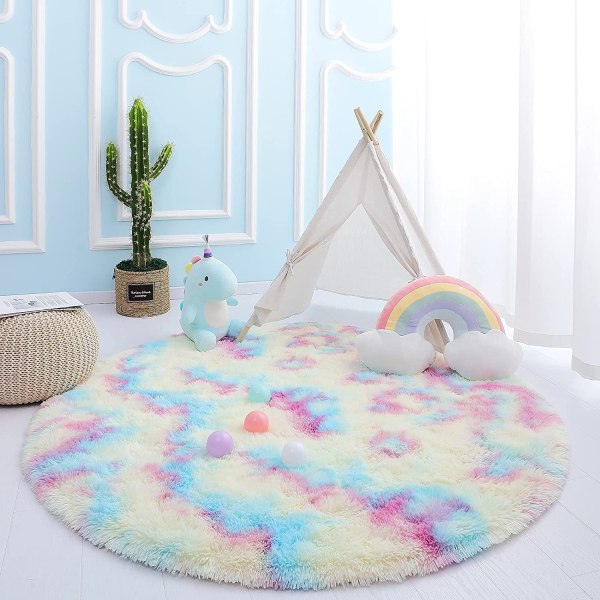 Rund sängmatta - Regnbågsrosa fluffig prinsessborg luddig matta 4ft