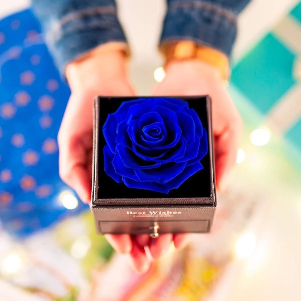 Bevart fersk blomst rose i en smykkeskrin, rose gaveeske evige blomster uendelig rose for kvinner, blå evigvarende rose for bryllup Valentinsdag