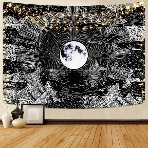 Moon and Stars Tapestry Gobelin Sort Gobelin Psykedelisk Mountain Gobelin Til Soveværelse