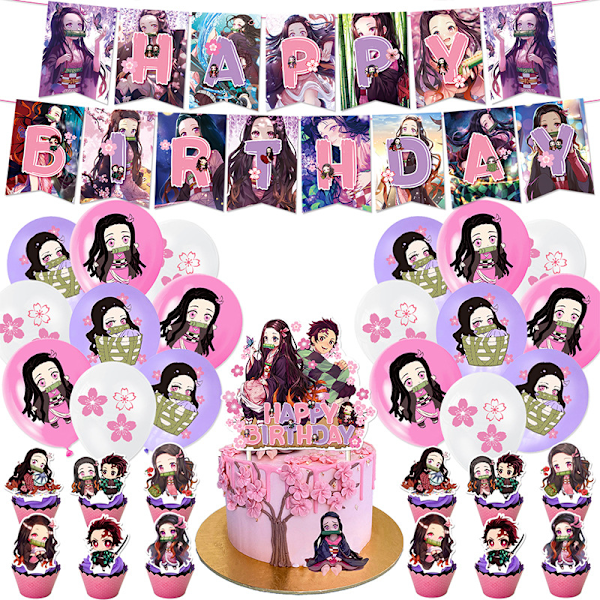 Demon Slayer Nezuko Tema Bursdagsfest Dekorasjoner Banner Kake Cupcake Toppers Ballonger Sett