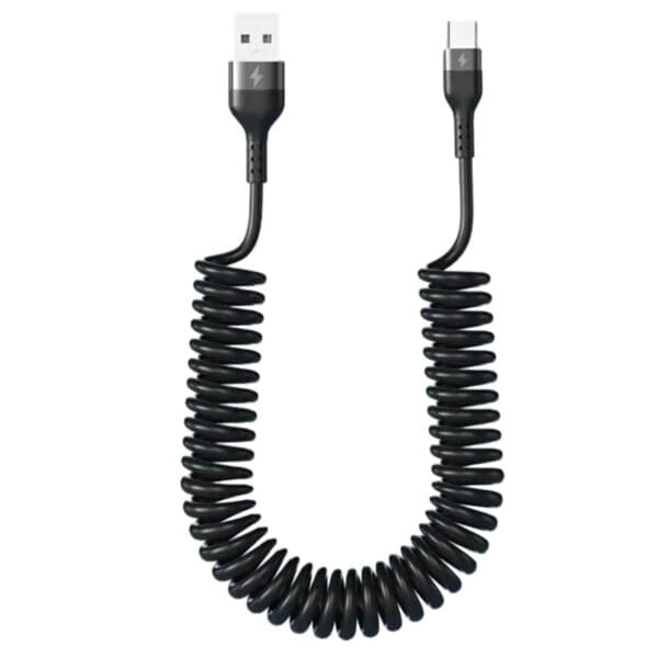 USB A til USB-C spiralkabel 5A hurtiglading 1,5m svart